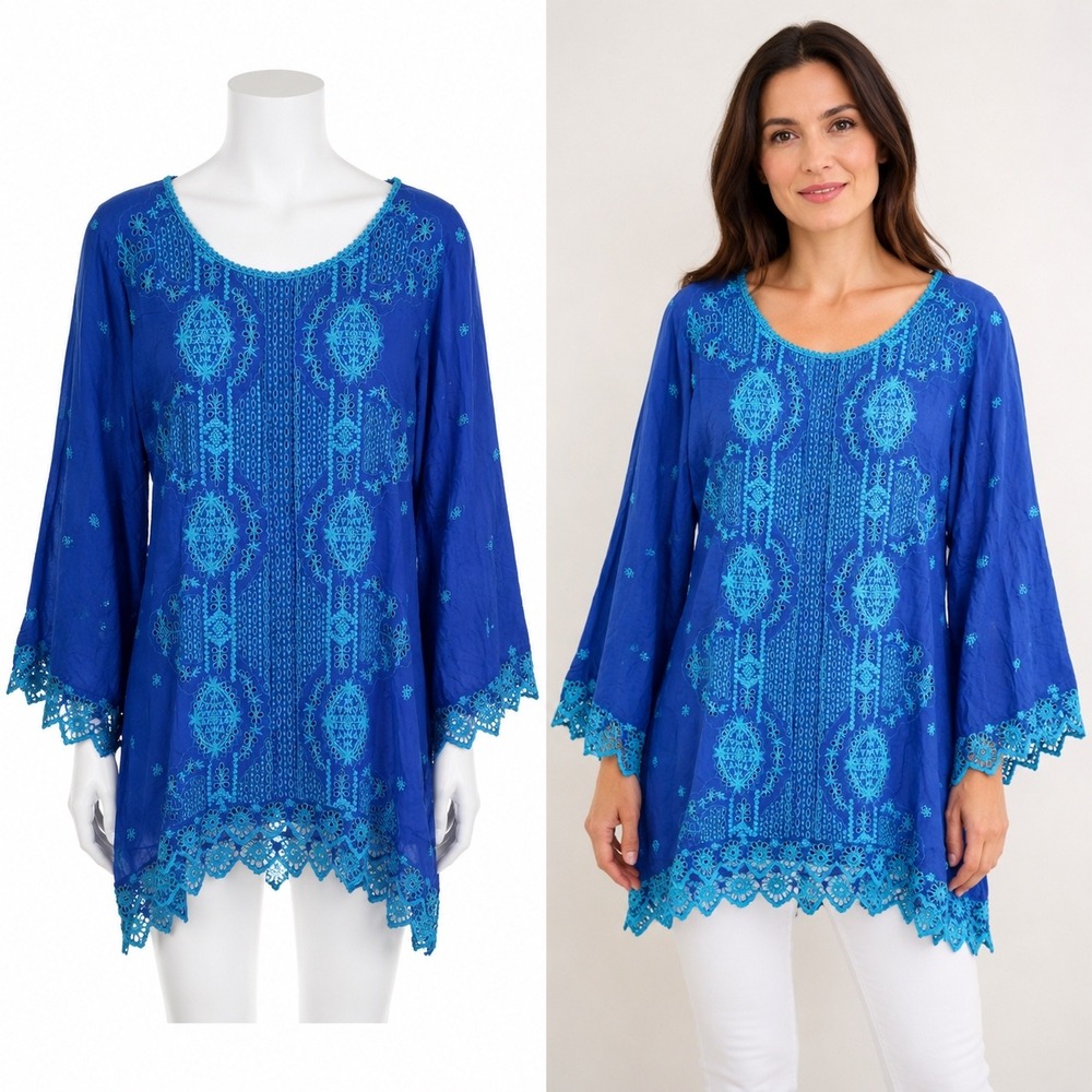 John Mark Tunic Womens Large Blue Teal Embroidered Eyelet Lace Scalloped Boho